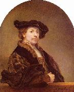 REMBRANDT Harmenszoon van Rijn wearing a costume in the style of over a century earlier. National Gallery oil on canvas